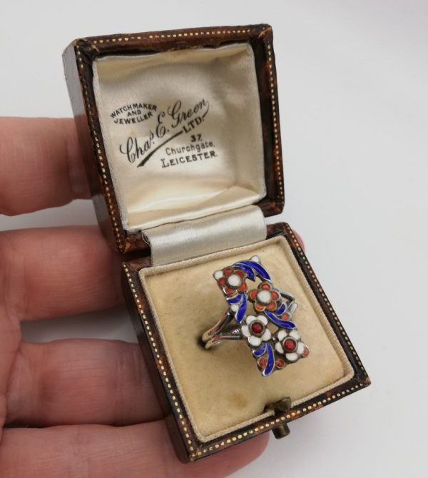 Bernard Instone SIGNED red, white and blue enamel flowers and leaves ring 1930s