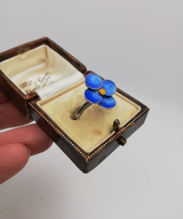 Bernard Instone rare signed forget-me-not blue enamel ring 1930s - sumptuous colour!