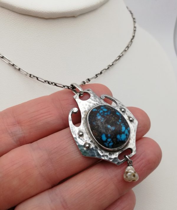 Murrle Bennett signed c1900 Arts and Crafts hammered silver pendant with matrix turquoise and pearl