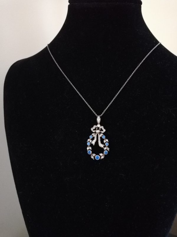 Edwardian Belle Epoque c1905 diamond and sapphire pastes bow pendant & original chain