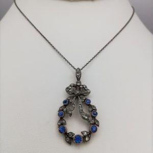 Edwardian Belle Epoque c1905 diamond and sapphire pastes bow pendant & original chain