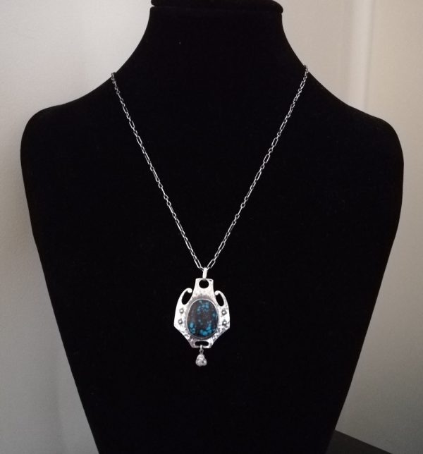 Murrle Bennett signed c1900 Arts and Crafts hammered silver pendant with matrix turquoise and pearl