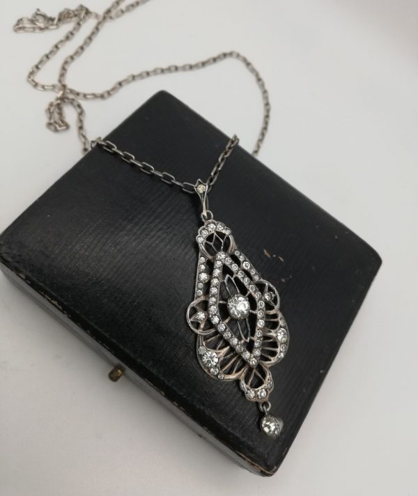 Belle Epoque c1910 attractive lace design silver and paste drop pendant with silver chain