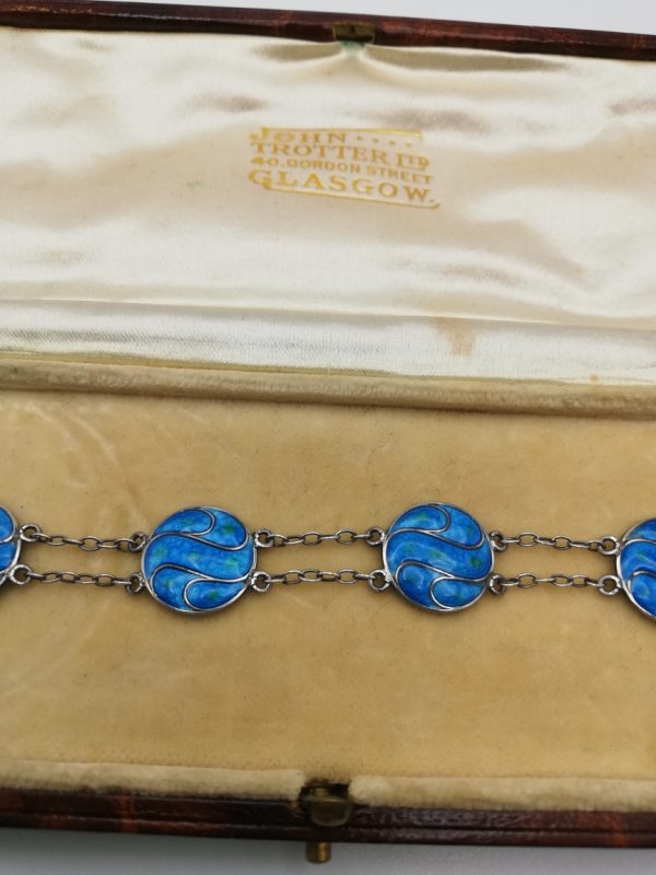 Art Nouveau c1905 blue bubbly enamel round panels silver bracelet with double chains