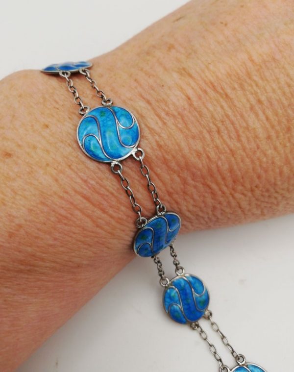 Art Nouveau c1905 blue bubbly enamel round panels silver bracelet with double chains