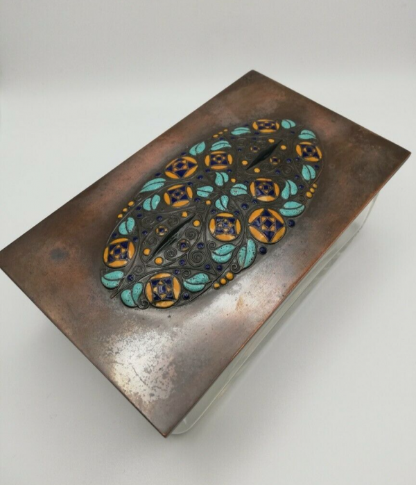 Josef Hoffmann ? Jugendstil Secession copper, glass and enamel cigar box, c1900