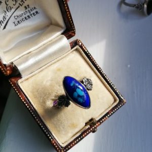 Bernard Instone blues enamel plaque Arts and Crafts ring with double band signed, c1930