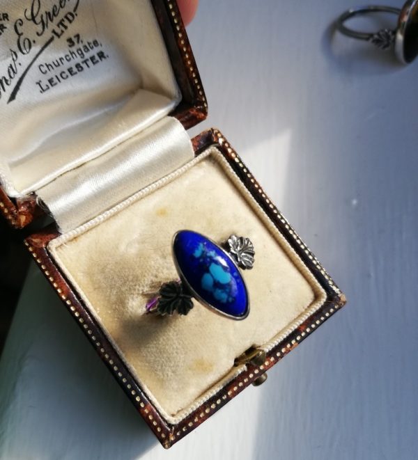 Bernard Instone blues enamel plaque Arts and Crafts ring with double band signed, c1930