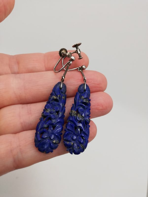 1920s Antique carved lapis lazuli drop earrings with original silver screw backs-gorgeous!