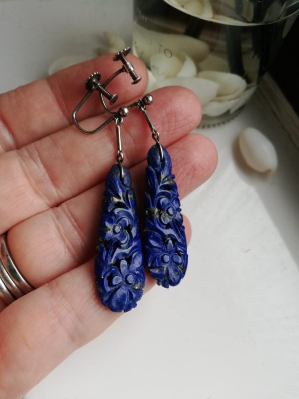 1920s Antique carved lapis lazuli drop earrings with original silver screw backs-gorgeous!