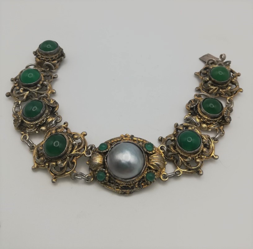 1800s Austro-Hungarian sumptuous silver gilt bracelet with large ...