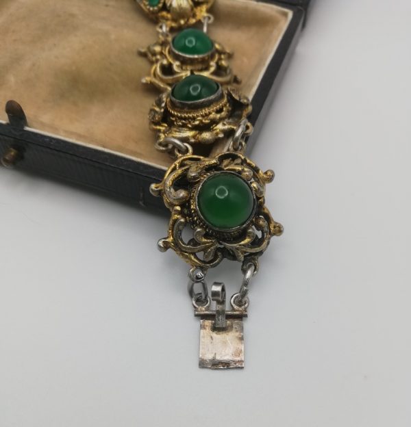 1800s Austro-Hungarian sumptuous silver gilt bracelet with large baroque pearl and chrysoprase