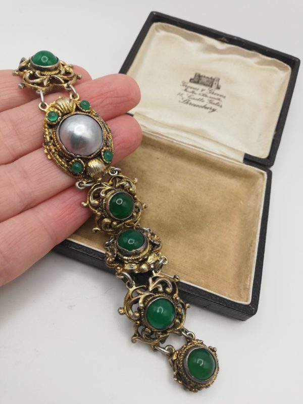 1800s Austro-Hungarian sumptuous silver gilt bracelet with large baroque pearl and chrysoprase