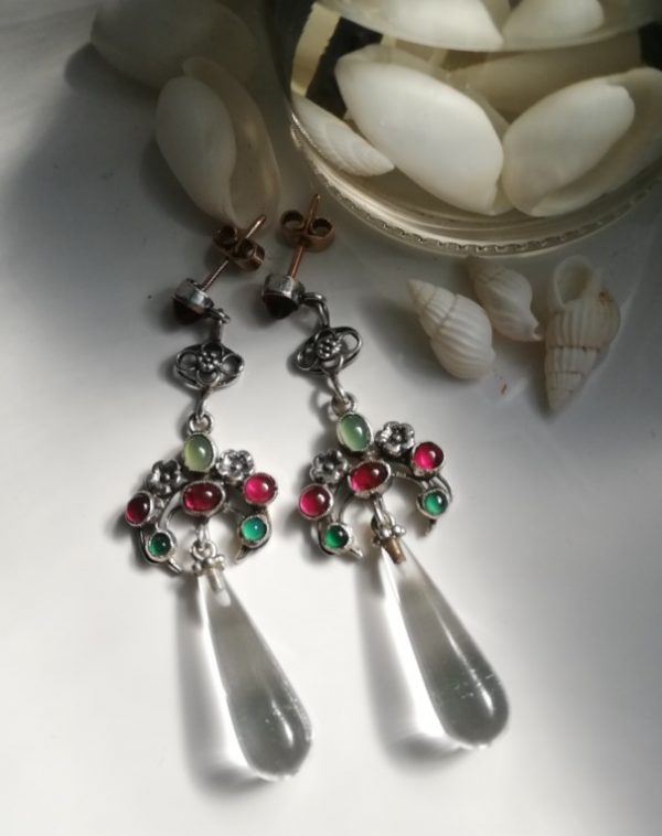 1920s Artificers' Guild Arts and Crafts silver and mixed gems earrings most likely designed by Horace Minns