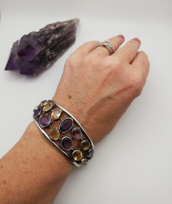 Reserved - Vintage studio cuff bangle in silver with amethysts and citrines
