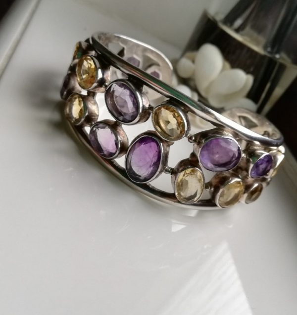 Reserved - Vintage studio cuff bangle in silver with amethysts and citrines