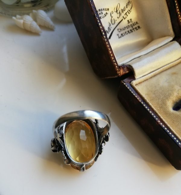 Arts and Crafts German 935 silver roses and leaves impressive, sparkly lemon citrine ring