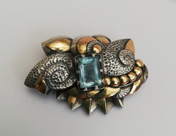 Art Deco 1930s rare Catalan brooch in silver gold and blue paste -Cubism-Picasso style design