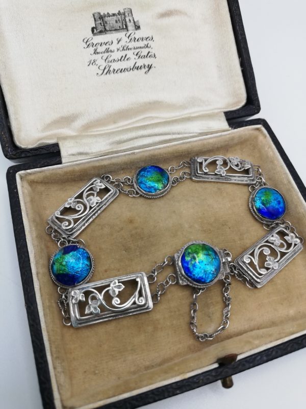 1900 Arts and Crafts rare enamel and silver bracelet with flower panels, Artificers' Guild / Liberty