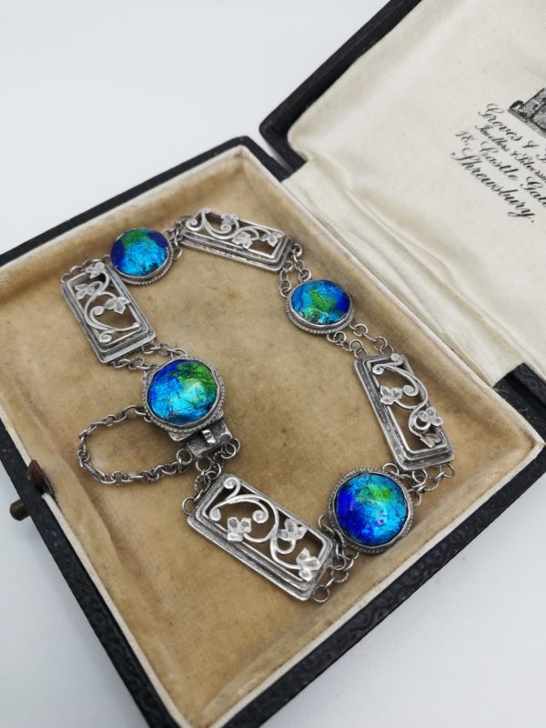 1900 Arts and Crafts rare enamel and silver bracelet with flower panels, Artificers' Guild / Liberty