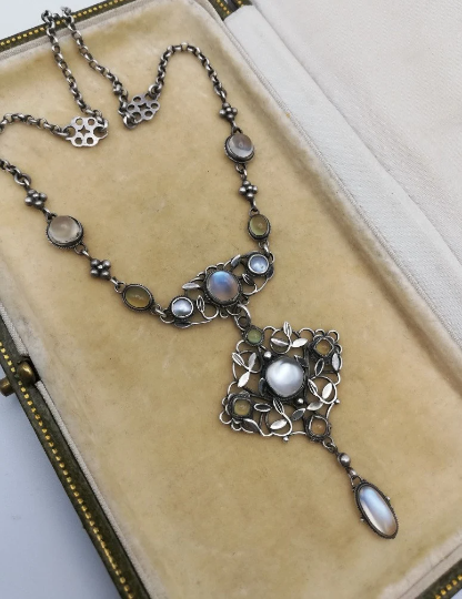 Reserved!!!! 3rd payment Arthur and Georgie Gaskin c1907 Arts and Crafts necklace in silver with moonstones, blister pearls and chrysoberyl