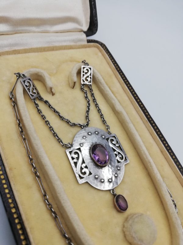 Murrle Bennett c1900 signed Arts and Crafts necklace with festoon chains, hammered silver, gold and amethysts