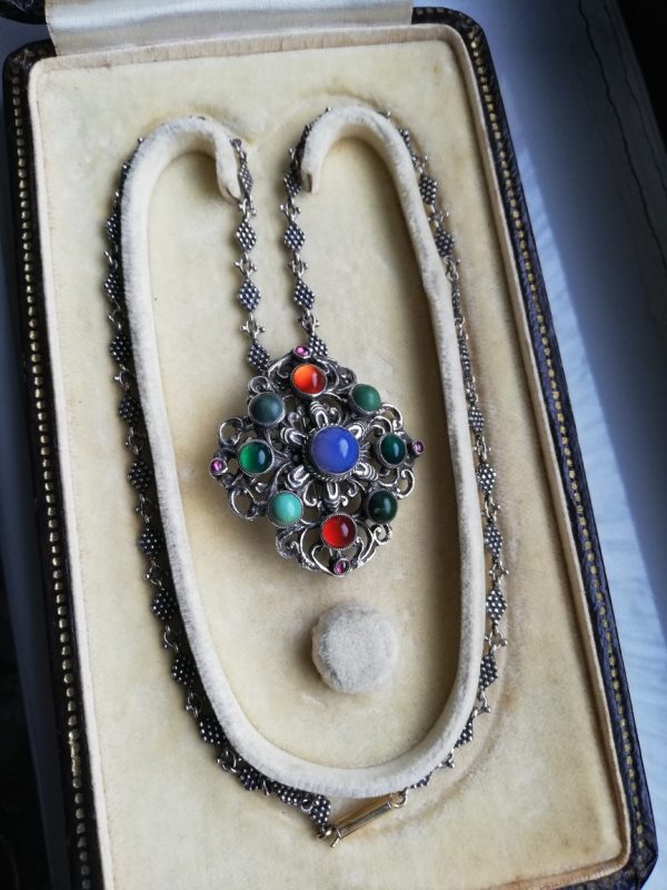Sibyl Dunlop c1920s Arts and Crafts silver and colourful mixed gems brooch