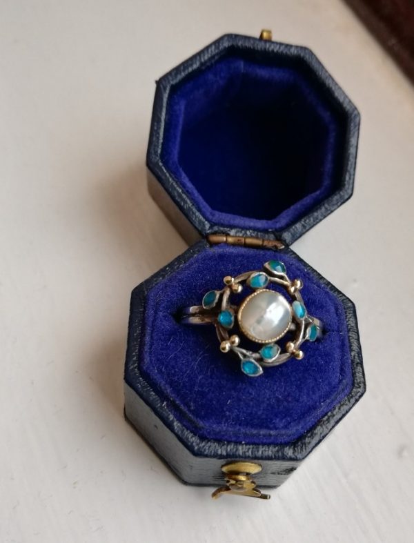 Jessie Marion King c1900 for Liberty & Co, London enamel leaves and blister pearl ring in gold and silver