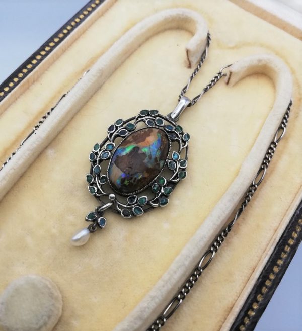 Jessie Marion King c1900 Liberty & Co necklace with enamel leaves and startling wood opal