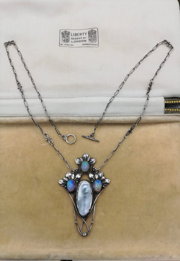 c1900 Arts and Crafts sensational silver, opals and pearl foliate pendant necklace, most likely Bernard Cuzner