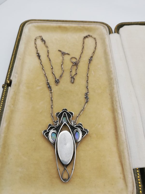 c1900 Arts and Crafts sensational silver, opals and pearl foliate pendant necklace, most likely Bernard Cuzner