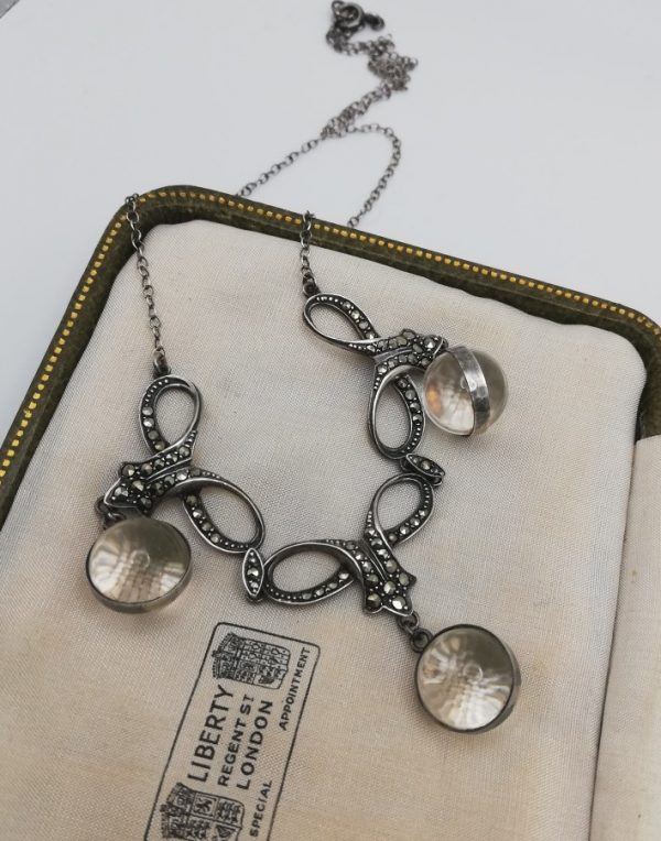 Art Deco 1920s-1930 rock crystal Pools of Light orbs necklace in silver with bows and marcasites- lovely!