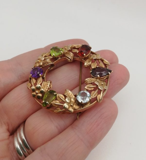 Bernard Instone 9ct gold and mixed gems foliate Arts and Crafts brooch -1930s design