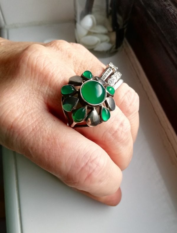 Striking vintage Arts and Crafts statement ring in silver and chrysoprase - very Sibyl Dunlop in style