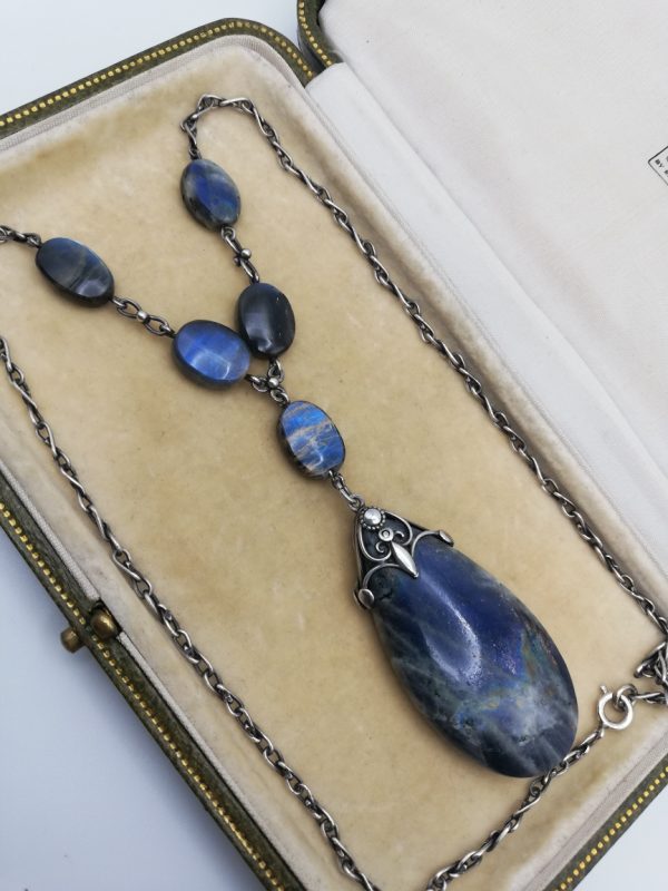 Sibyl Dunlop 1930s incredible labradorite drop pendant with hand wrought silver chain