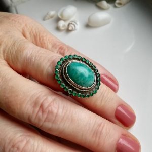 Beautiful Austro Hungarian c1880s statement ring in silver, gold with amazonite and 28 green garnets/emeralds