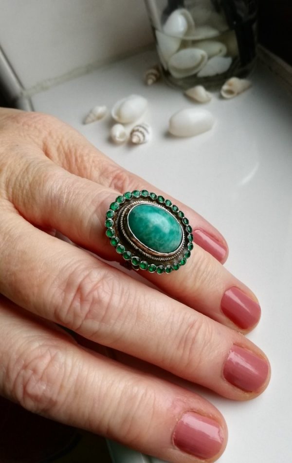 Beautiful Austro Hungarian c1880s statement ring in silver, gold with amazonite and 28 green garnets/emeralds
