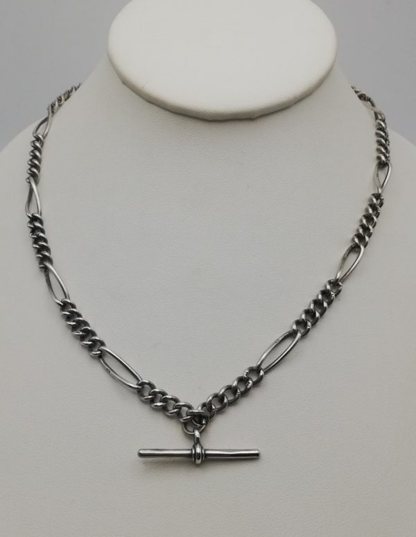 1889 Victorian heavy silver usual link T-bar necklace with two dog clips- over 18 inches!