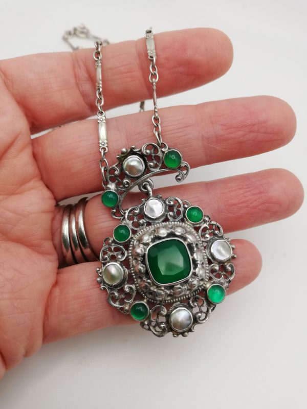 Gustav Hauber c1885 Austro-Hungarian design silver necklace with pearl and chrysoprase and flower links chain - exquisite!