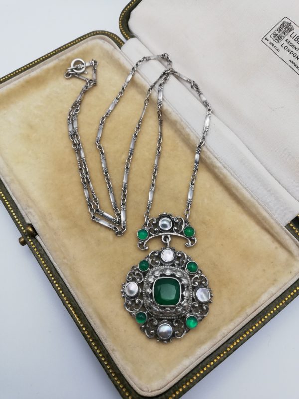 Gustav Hauber c1885 Austro-Hungarian design silver necklace with pearl and chrysoprase and flower links chain - exquisite!