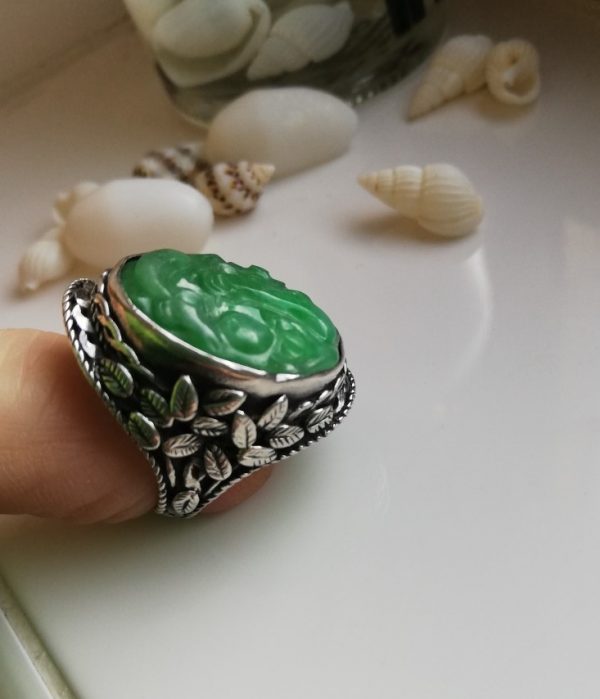 c1900 Arts and Crafts statement foliate ring in silver with large carved jade cabochon -B'ham School