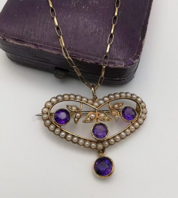 Victorian 15ct gold amethysts seed pearls heart pendant and brooch with 9ct gold chain