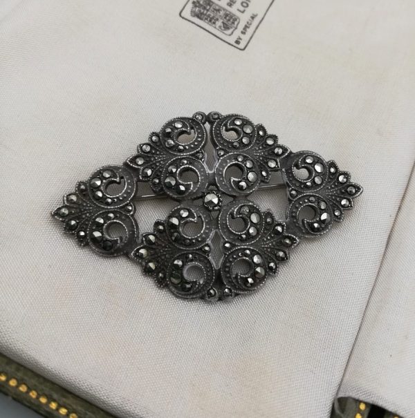 1920s Bernard Instone signed early marcasite silver panel brooch-large and rare design