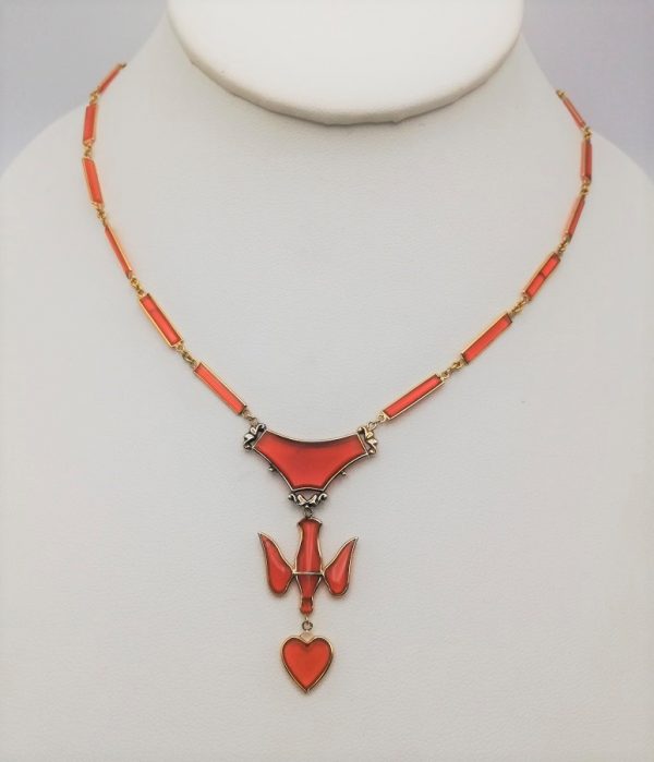 Antique French 18ct yellow gold and carnelian Saint Esprit necklace - with dove holding heart, fabulous design