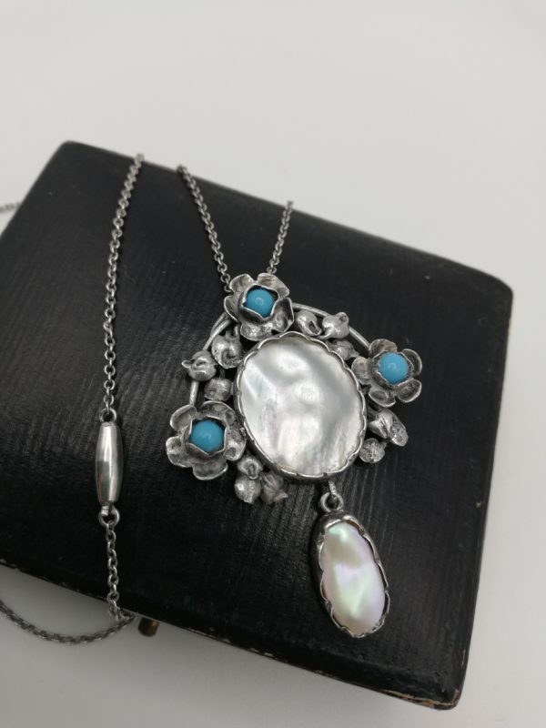 c1900 Arts and Crafts silver, turquoise and blister pearl pendant necklace- Birmingham School