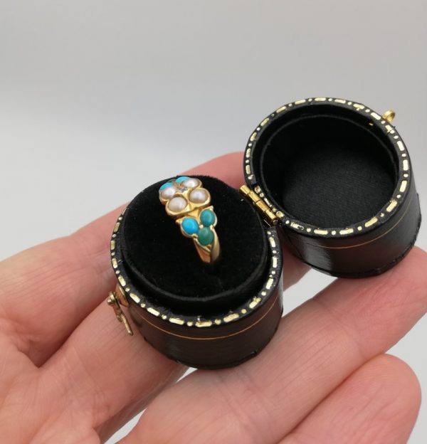 Victorian c1890 high carat gold English ring with diamond, real pearls and turquoise