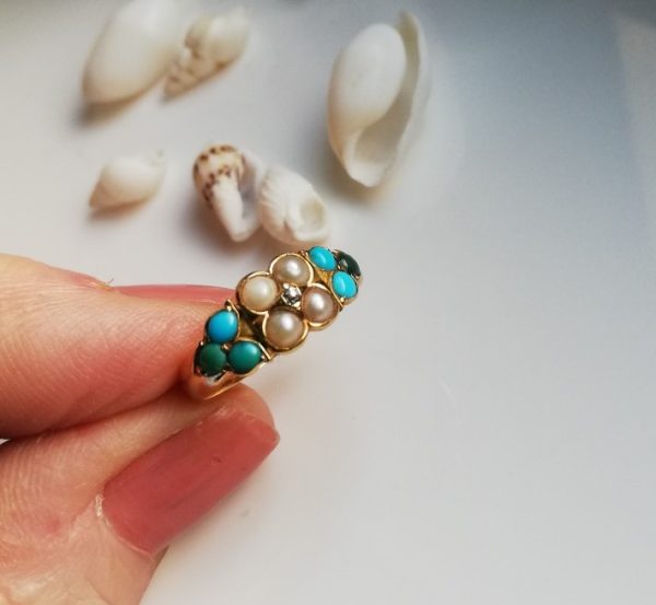 Victorian c1890 high carat gold English ring with diamond, real pearls and turquoise