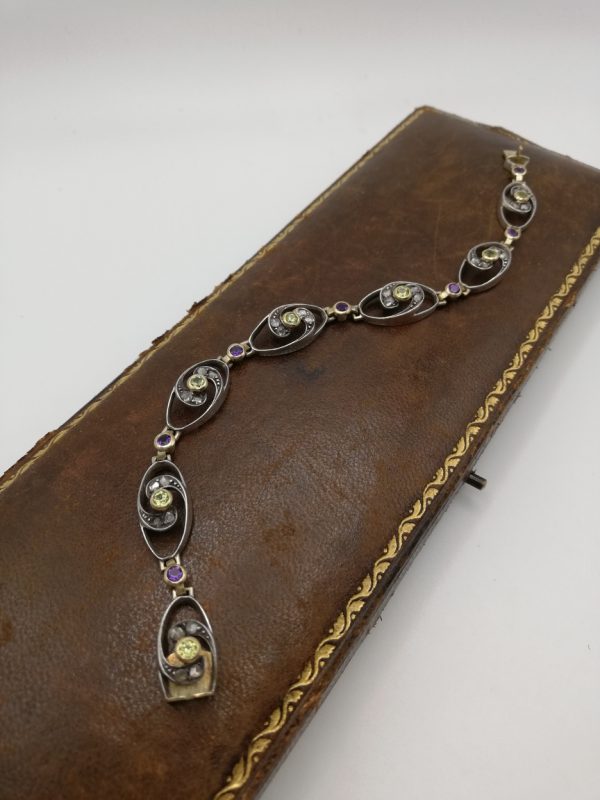 Edwardian / Arts and Crafts / Edwardian Suffragette bracelet in gold and silver with diamonds, amethysts and peridots - super!
