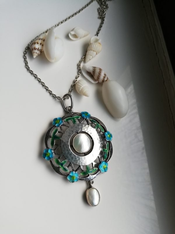 Murrle Bennett c1900 Arts and Crafts hammered silver and enamel pendant with pearls