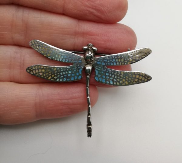Norman Grant signed 1970s dragonfly brooch in enamel and silver
